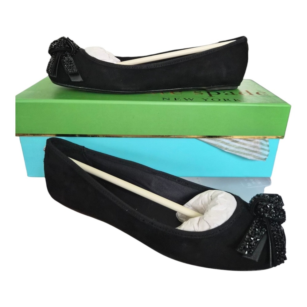 Kate‎ Spade Freya Black Suede Ballet Flats 7M Bow Rhinestone Embellished Slip On